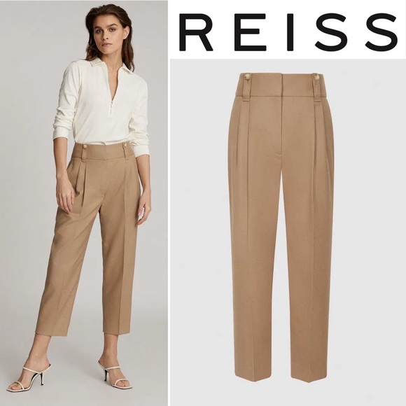 Reiss Pants - REISS Esther Wool Silk Linen Blend Pleat Front Trousers High Rise Pants In Tan 8